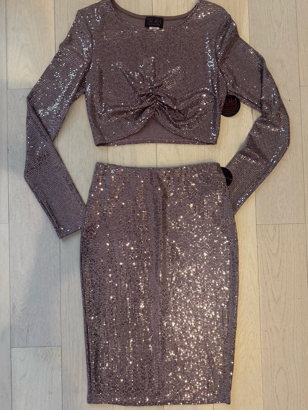 NWT Hot Miami Styles Rose Gold/Purple Sequin Set- L/S Top & Pencil Skirt- size M